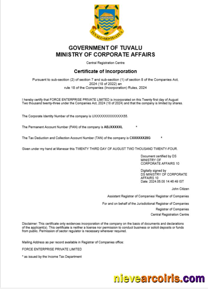 Tuvalu business registration certificate
